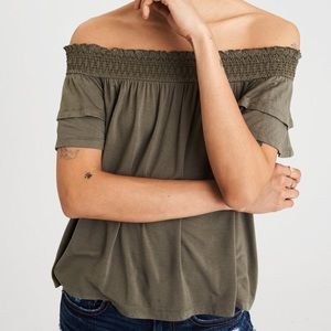 American Eagle Soft & Sexy Off Shoulder Olive Green Ruffle Sleeve Blouse